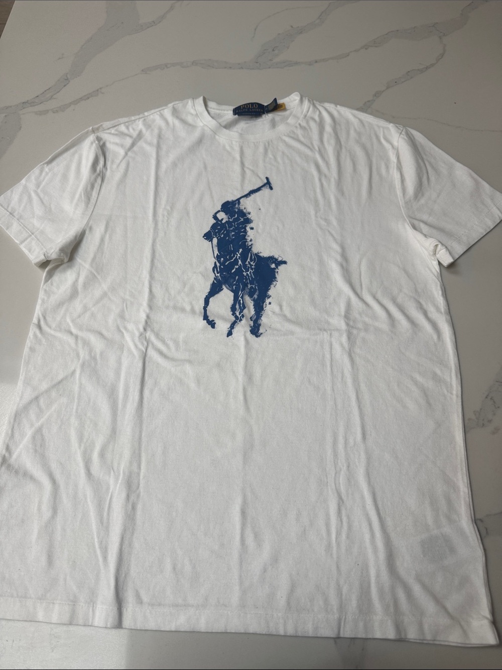 Ralph Lauren White Tee with Large Blue Polo Player Graphic
